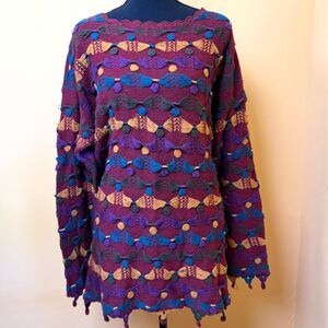 Vintage 90s Carolina Colours 3D Knit Sweater Large Boho Folk Art Whimsical